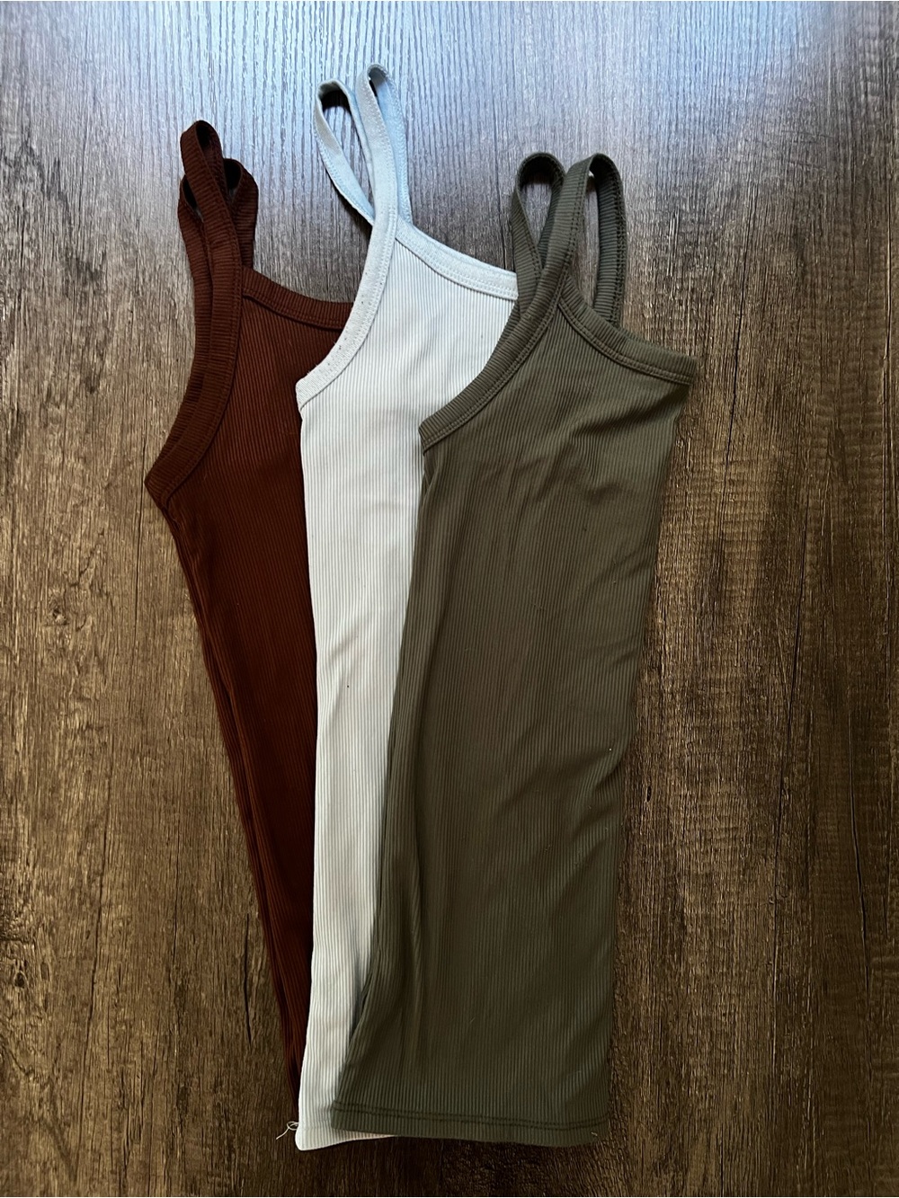 Ribbed Tank Top Trio — Olive, sky blue & Brown